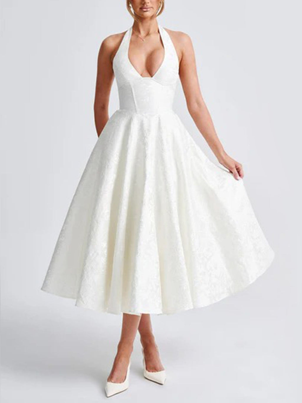 White Halter Flared Midi Dress