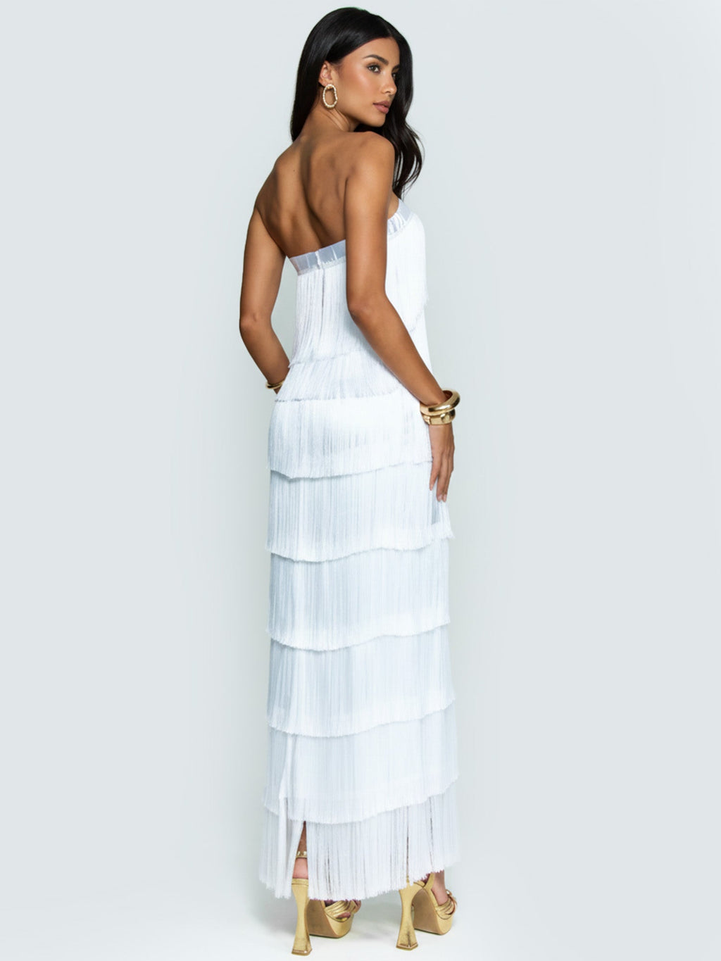 White Fringed Cascade Maxi Dress