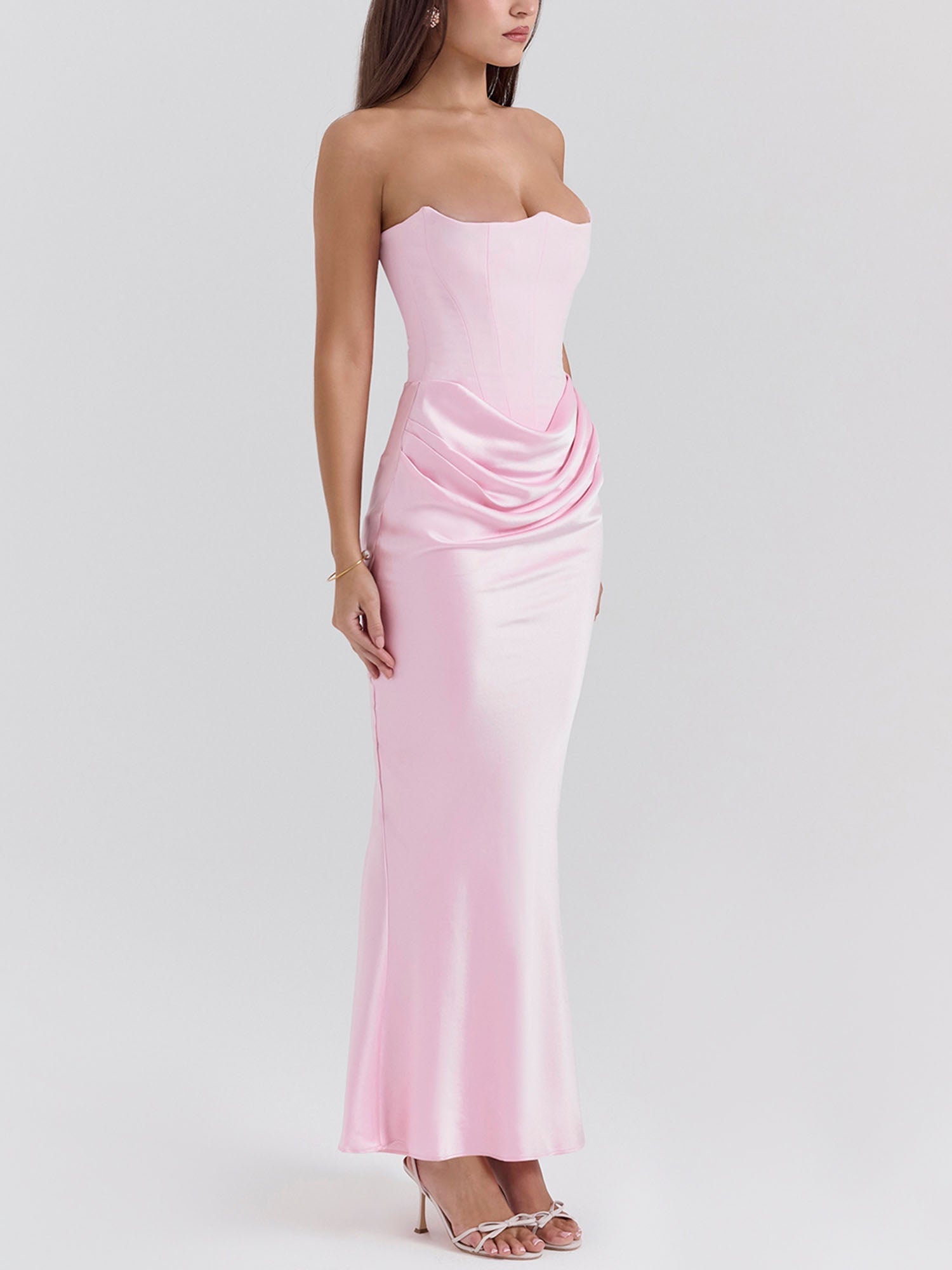 Pink Strapless Draped Bodycon Maxi Dress