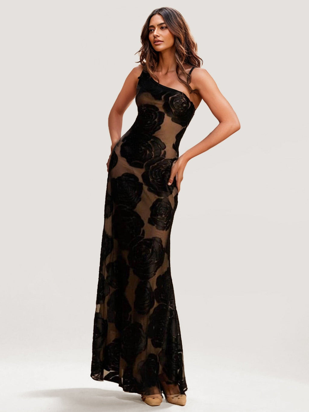 One-Shoulder Floral Embroidered Maxi Dress
