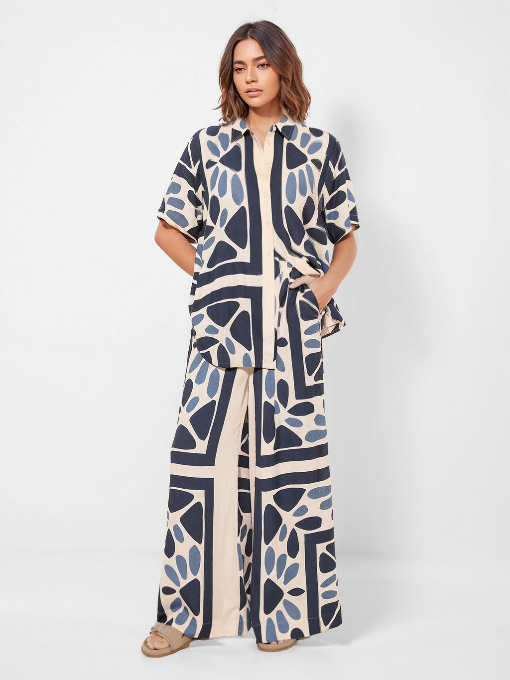 Modern Geo Print Oversized Button-Up Shirt