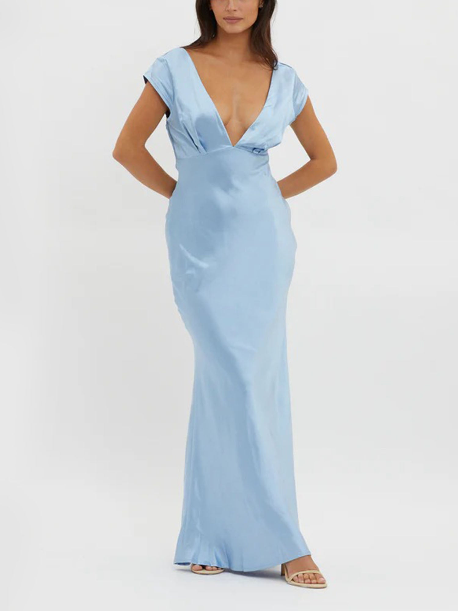 Blue Plunge Neck Maxi Dress