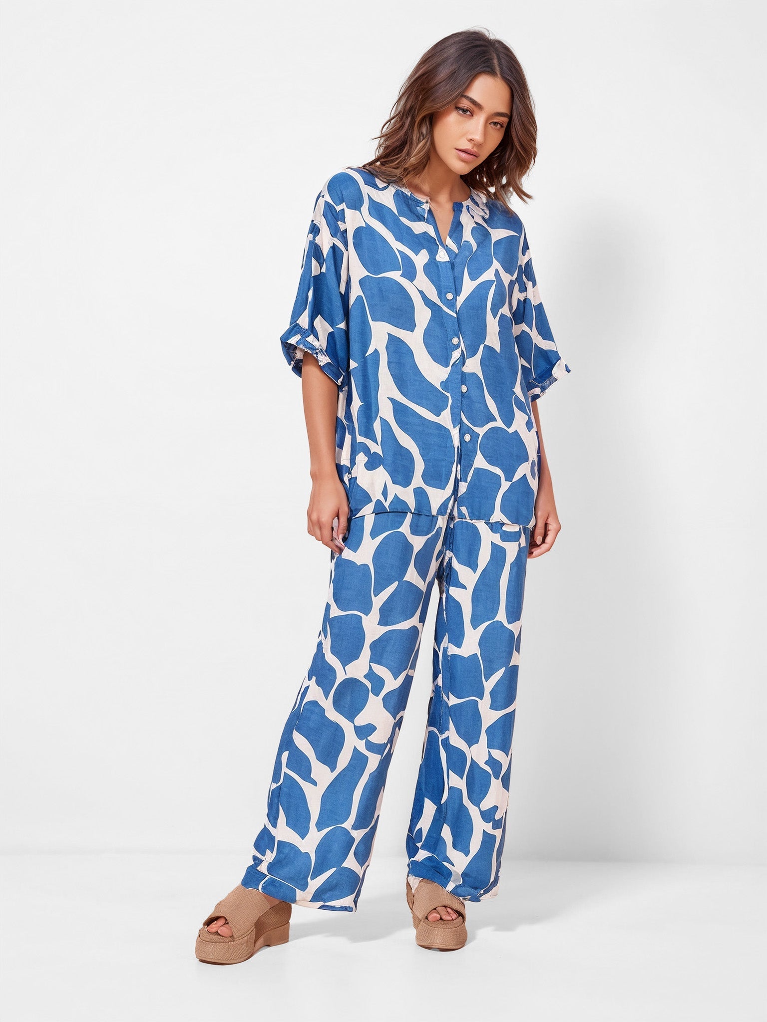 Ocean Wave Print Oversized Button-Up Shirt