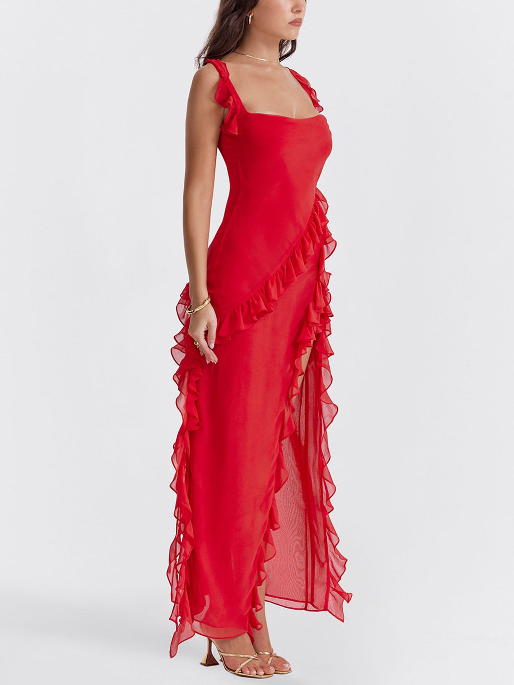Red Ruffled Cutout Maxi Dress with High Slit