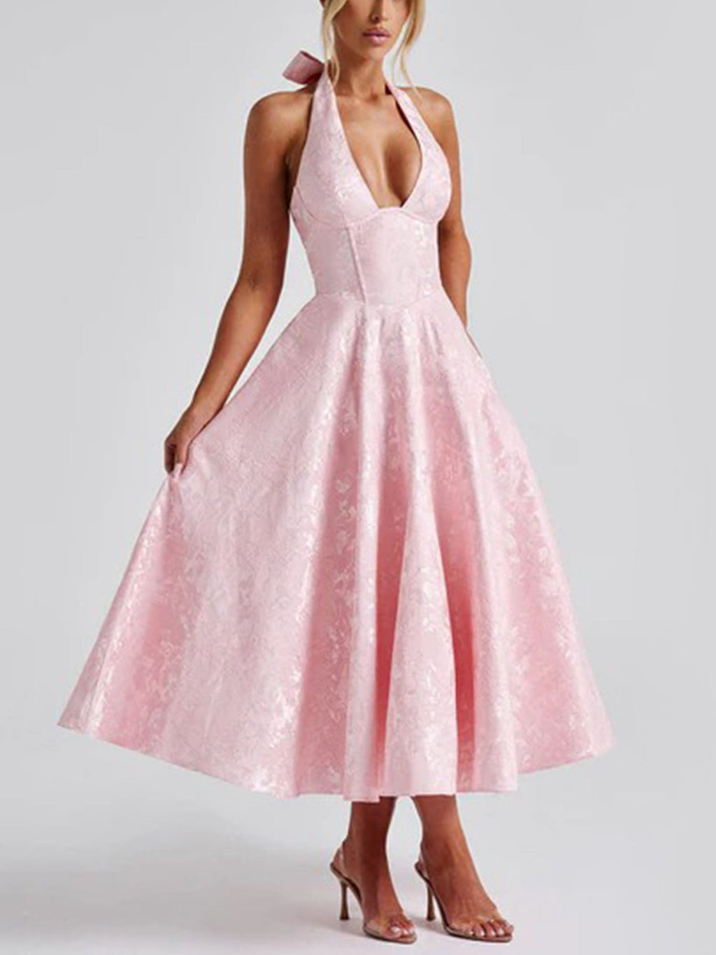 Pink Halter Flared Midi Dress