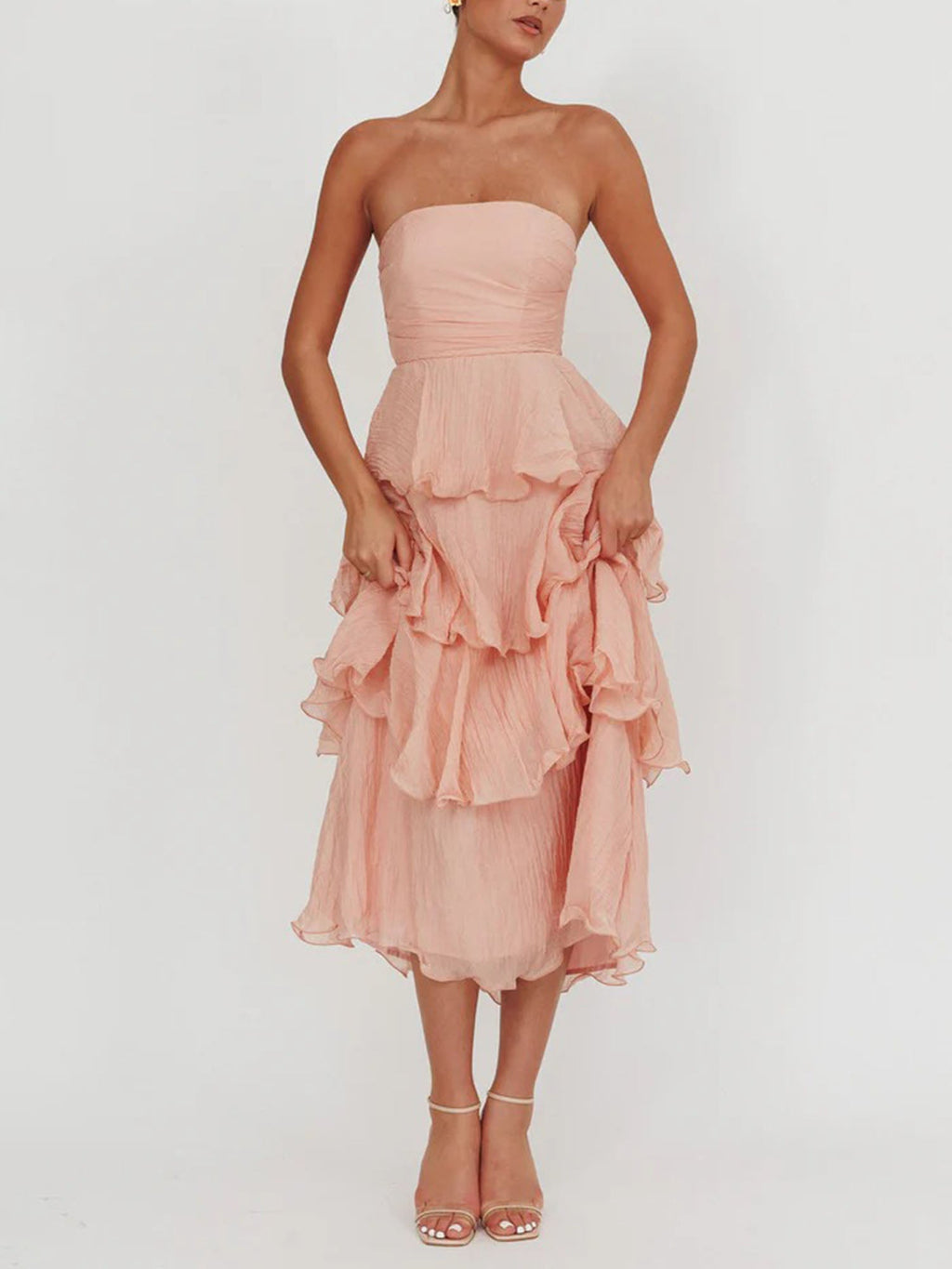 Light Pink Strapless Tiered Midi Dress