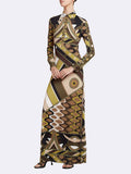Retro Print Maxi Dress with Long Sleeves