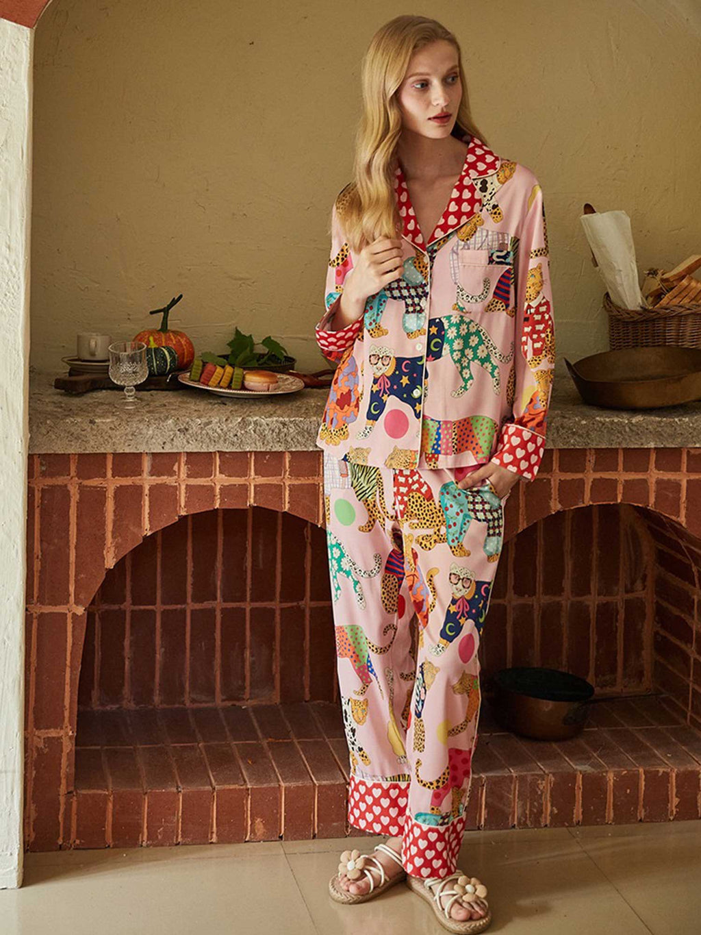 Cartoon Leopard Print Long Pajama Set
