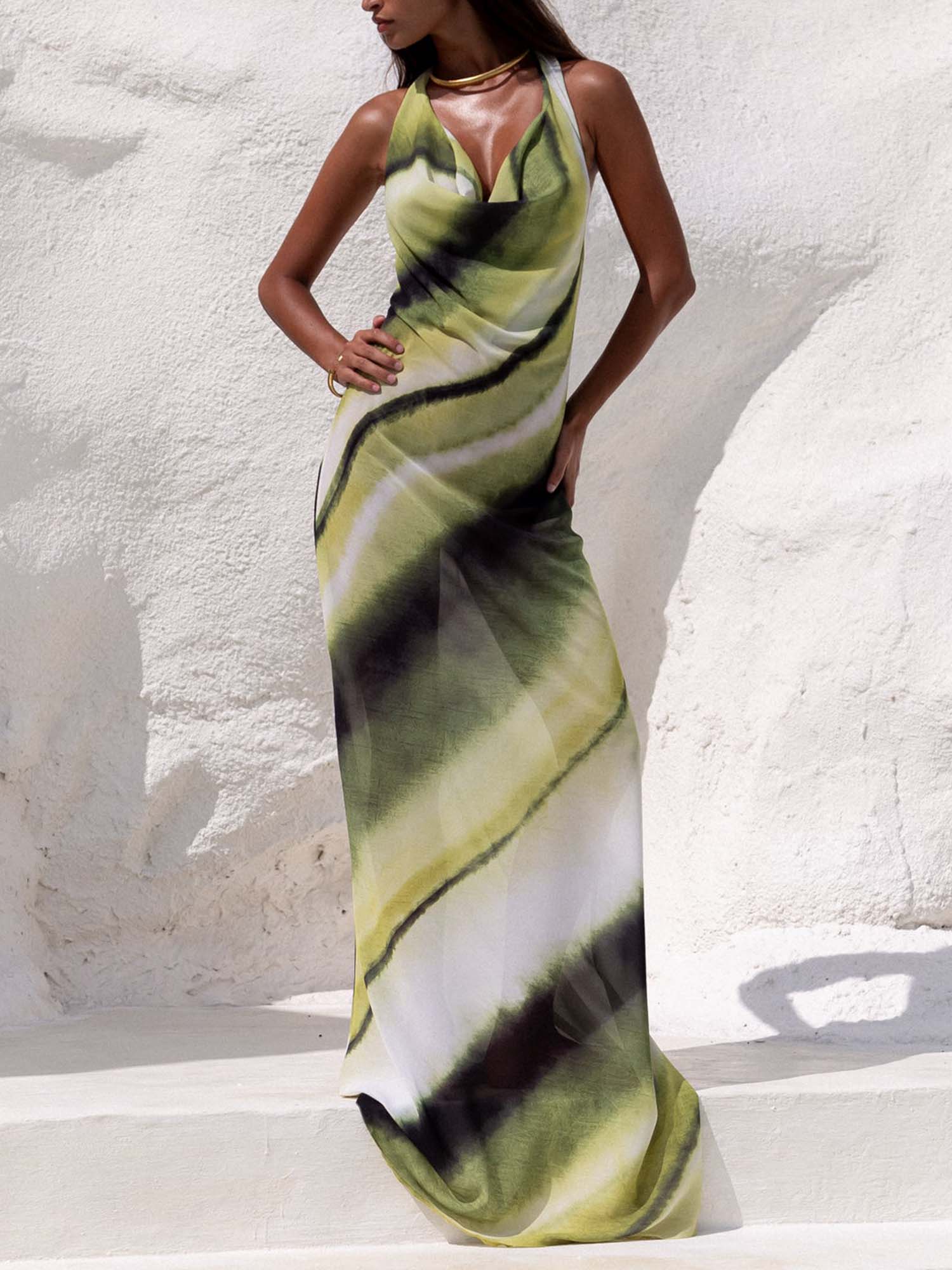 Marbled Print Halter Neck Maxi Dress