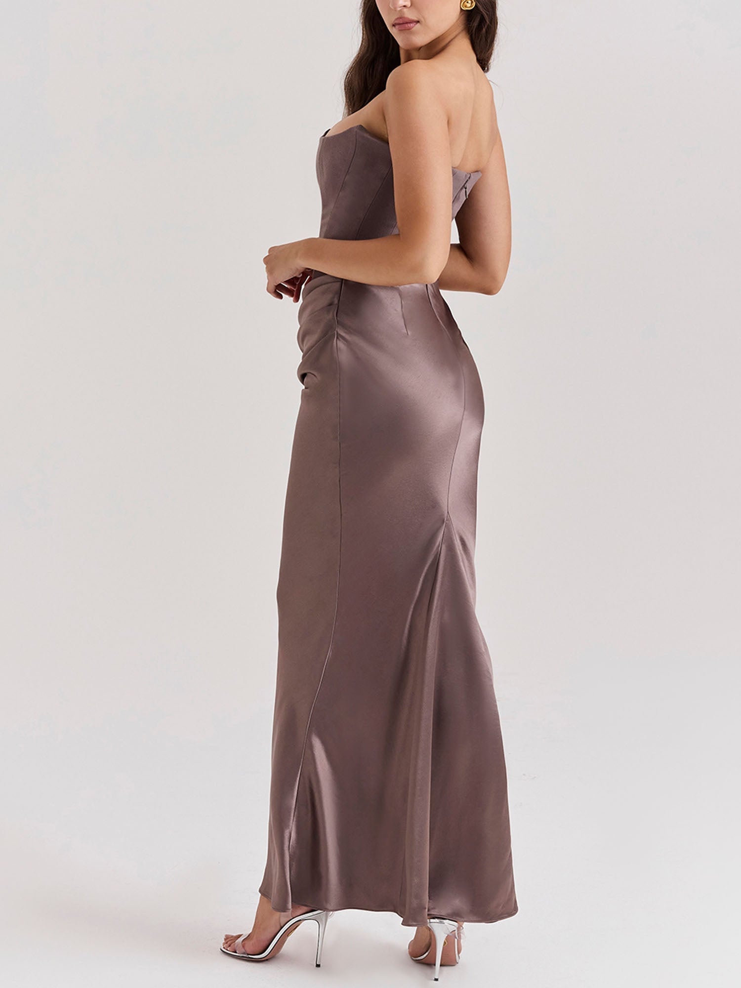 Brown Strapless Draped Bodycon Maxi Dress