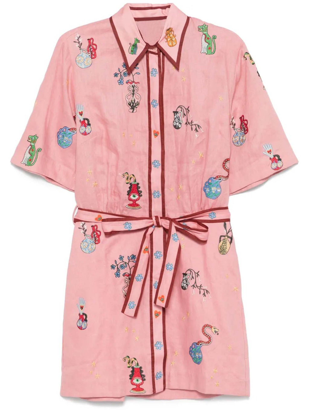 Pink Botanical Embroidered Mini Shirt Dress