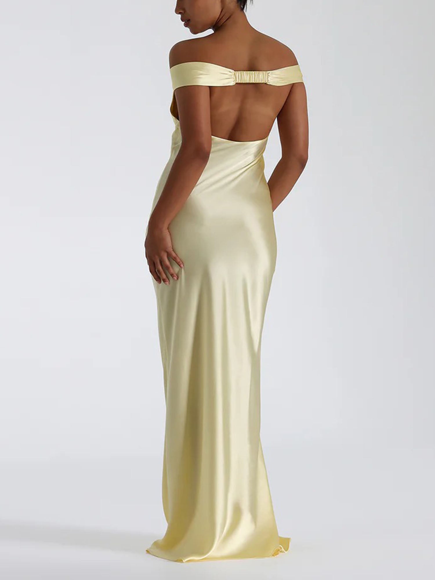 Yellow Off-Shoulder Satin Maxi Dress