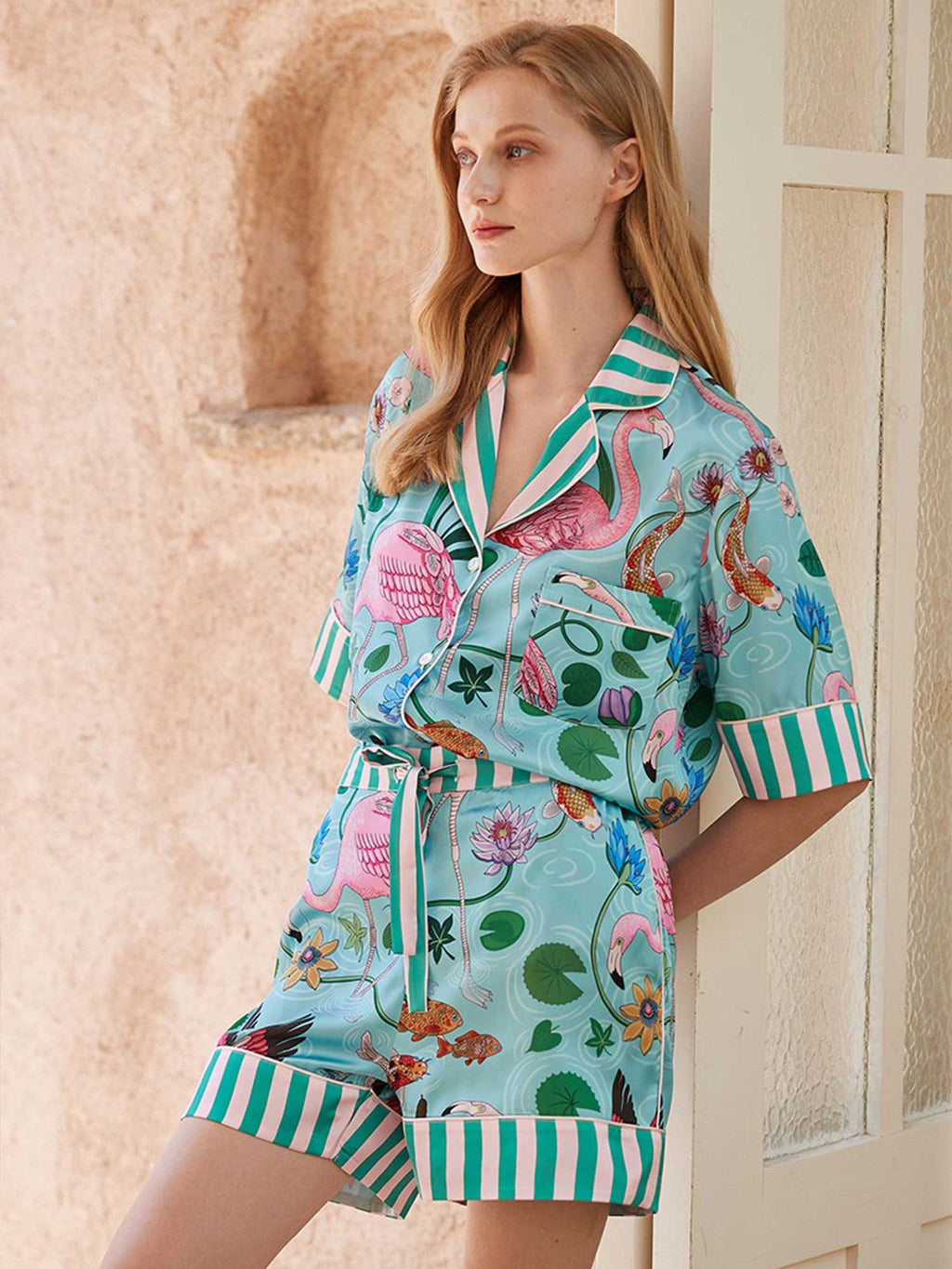 Set Pajama Pendek Bercorak Flamingo