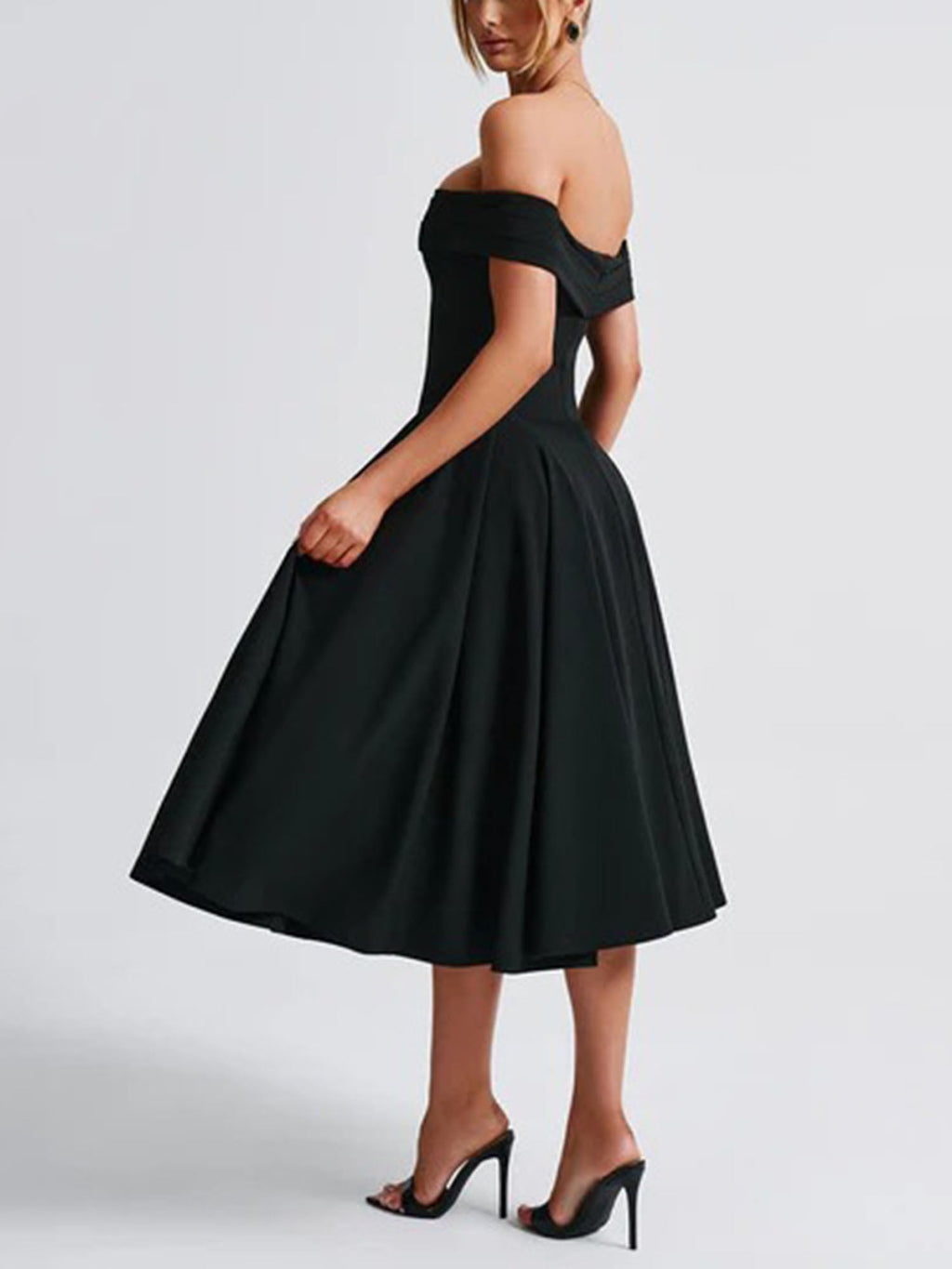 Black Off-Shoulder Vintage-Inspired Midi Dress