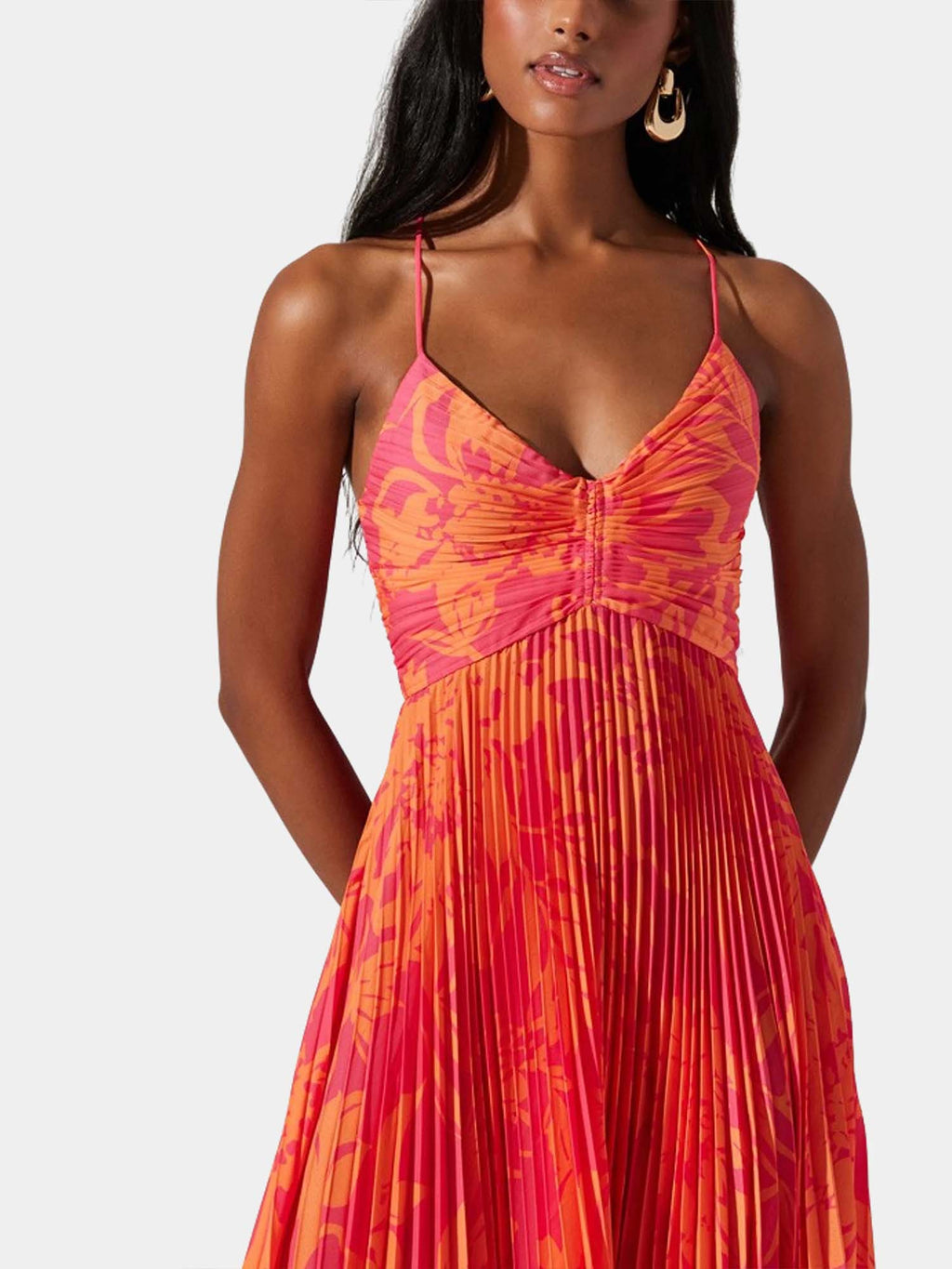 Coral Glow Pleated Midi Dress