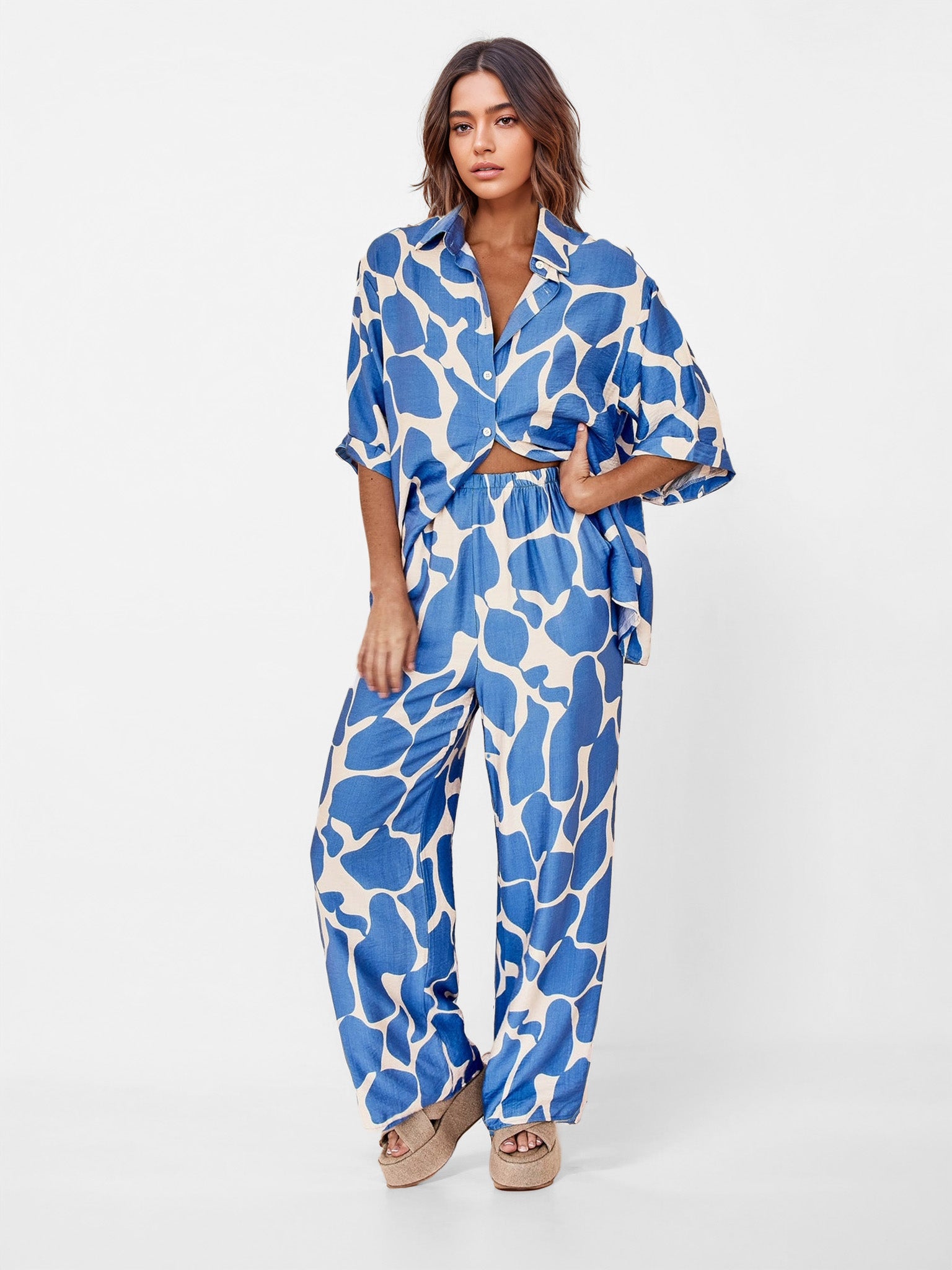Ocean Wave Print Oversized Button-Up Shirt