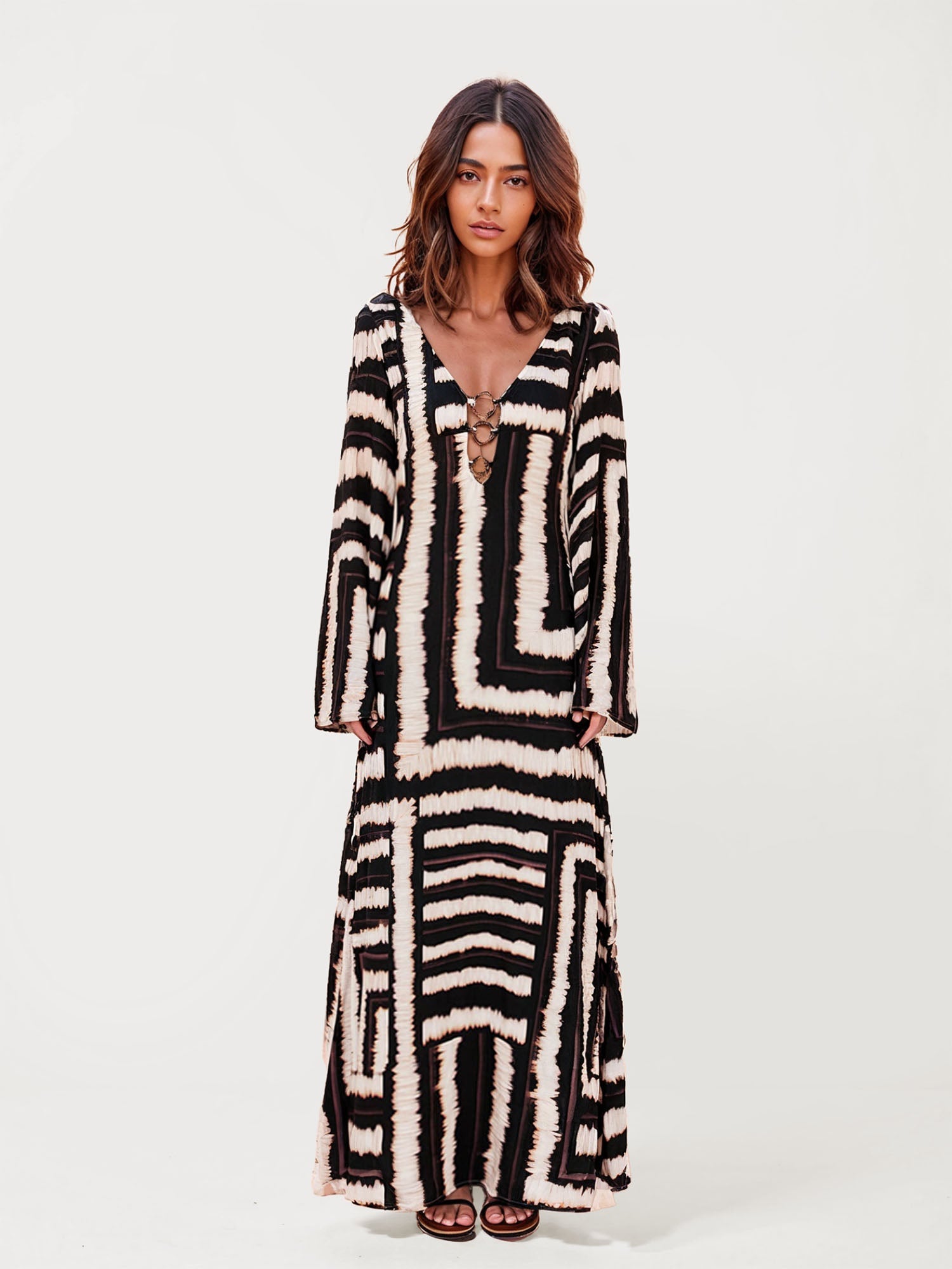 Bohemian Stripe Pattern V-Neck Maxi Dress