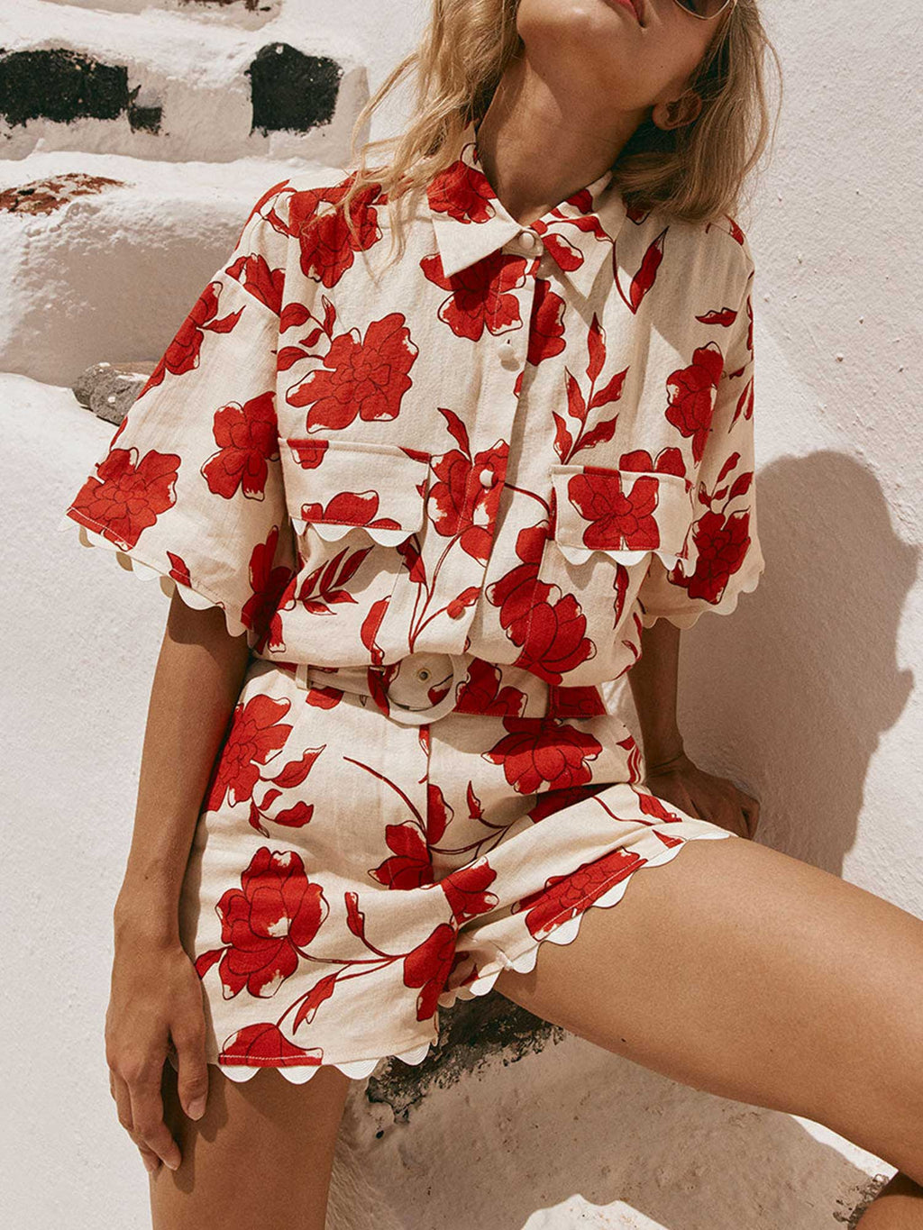 Scarlet Bloom Linen Two-Piece Set