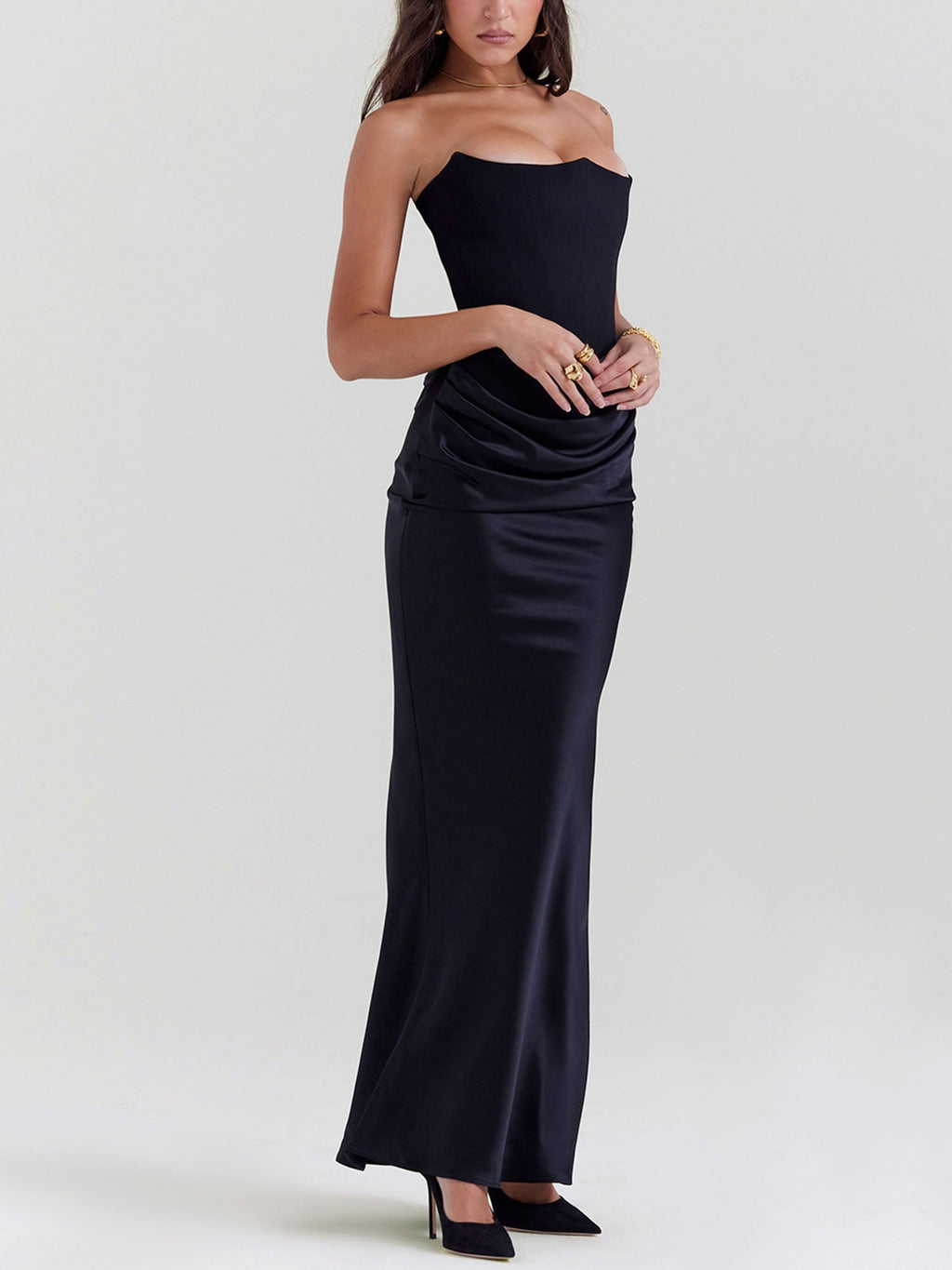 Black Strapless Draped Bodycon Maxi Dress