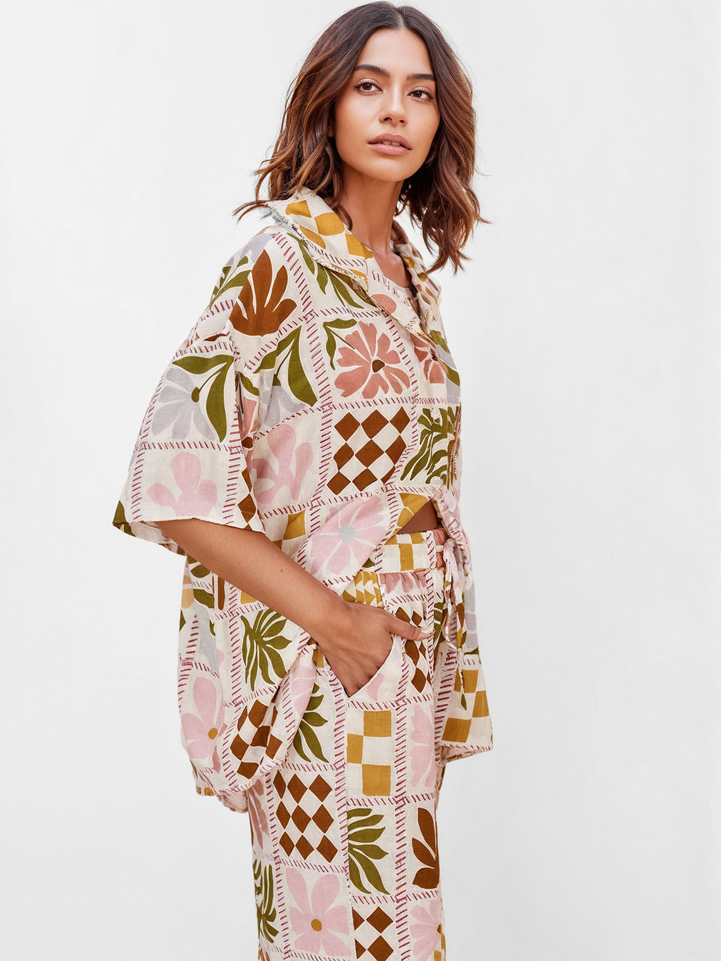 Boho Patchwork Print Oversized Button-Up Shirt