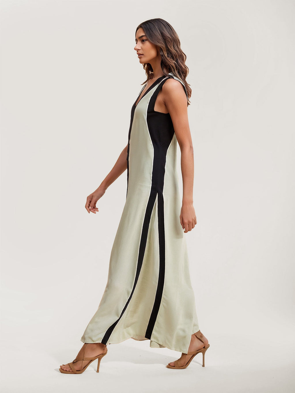Color Block V-Neck Maxi Dress with Split