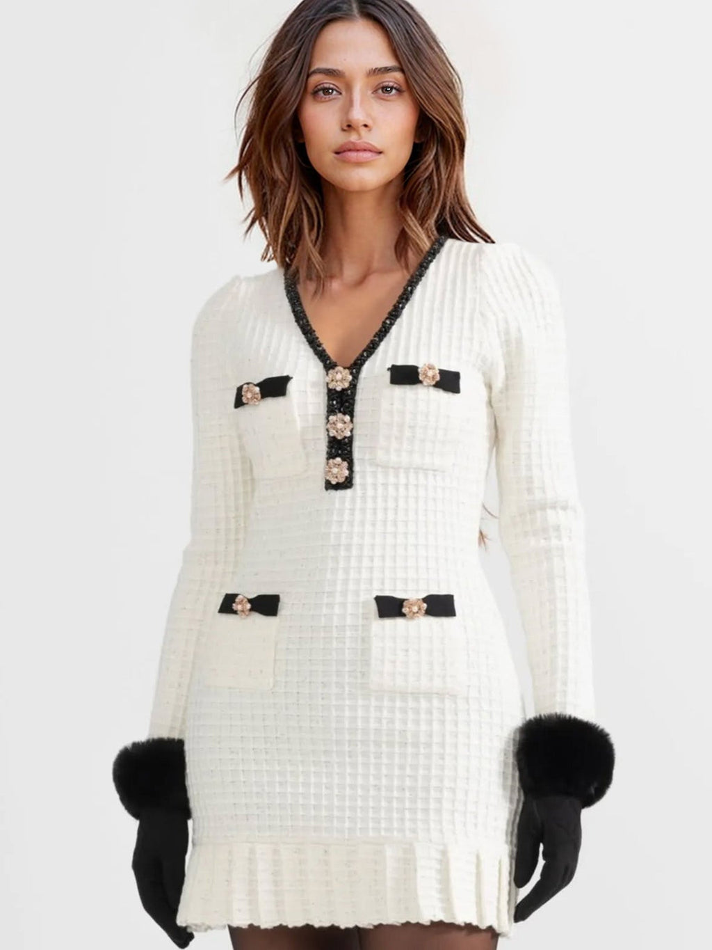 Gaun Mini Rajut Tweed yang Chic