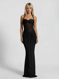Black Draped Halter Maxi Dress Sheer Elegance