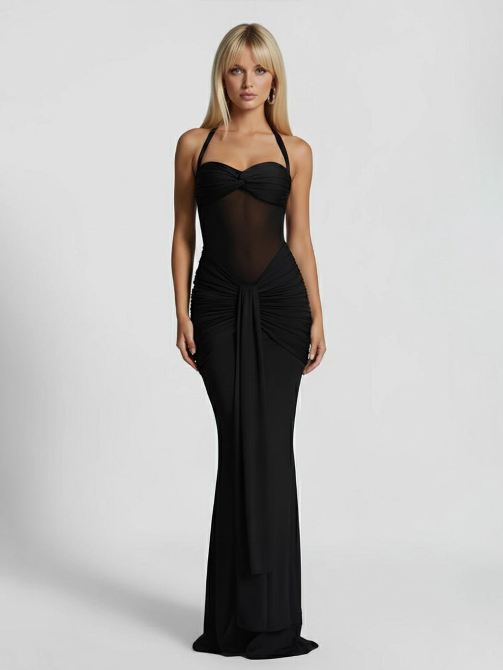 Red Draped Halter Maxi Dress Sheer Elegance