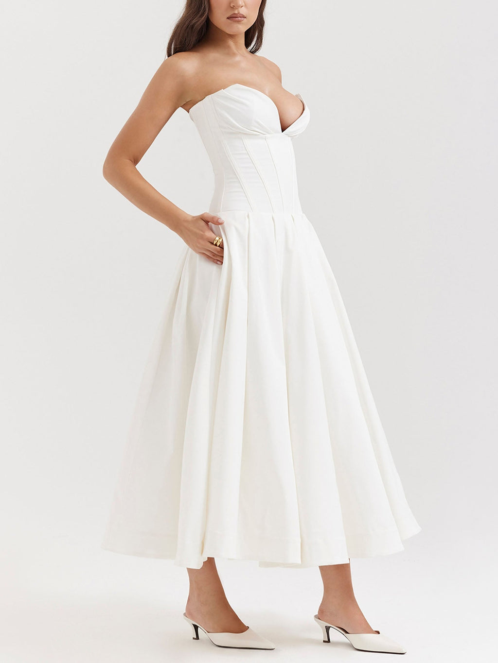 White Strapless Fit-and-Flare Midi Dress