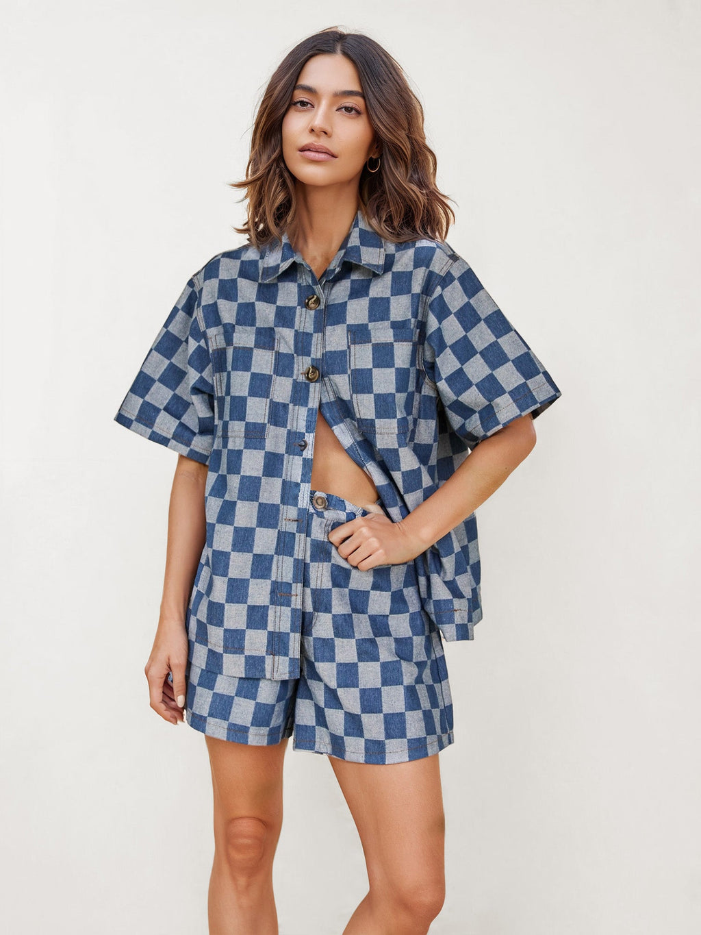 Set Pantai Denim Checkerboard Breeze