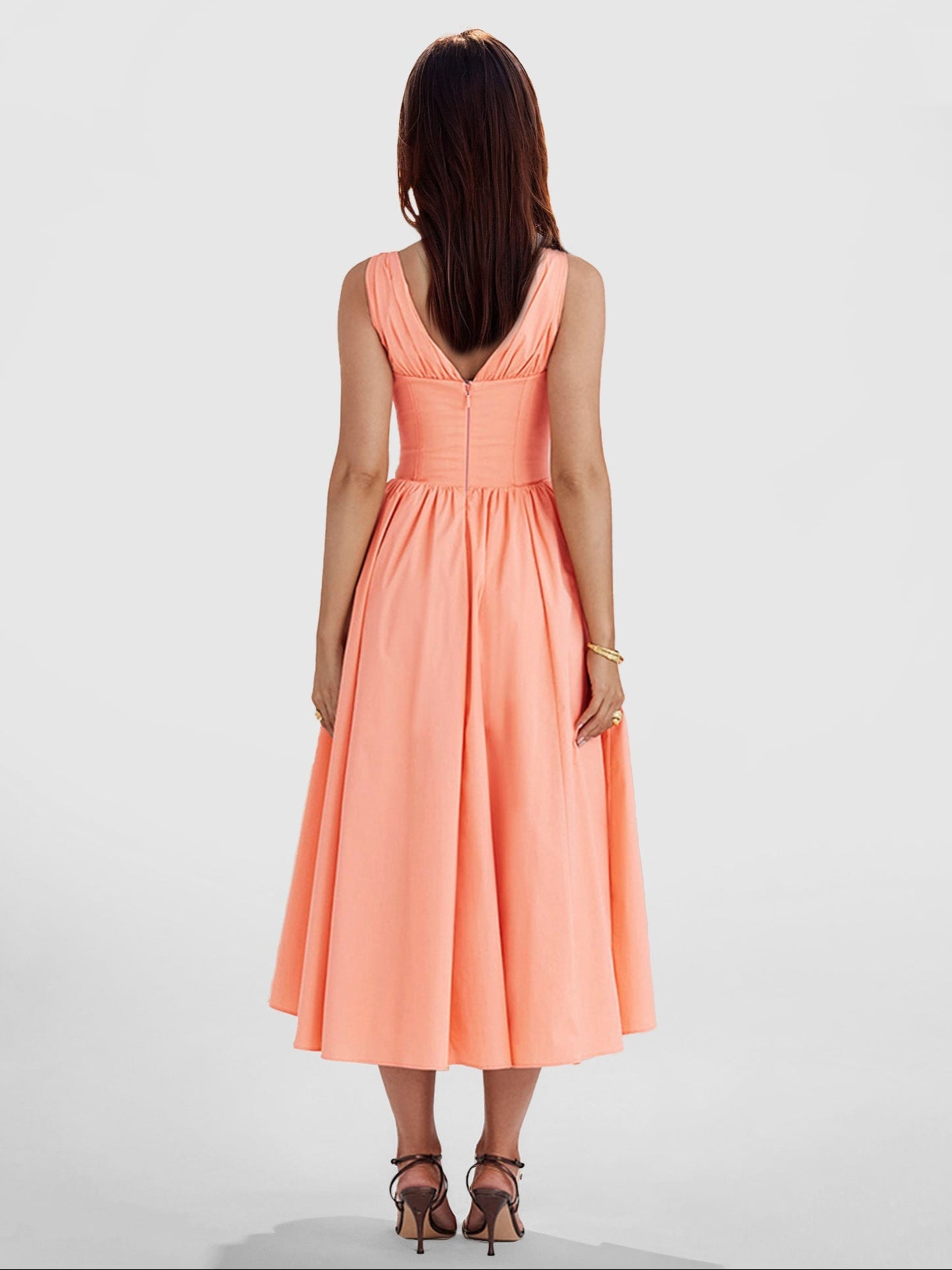 V-Neck Cinched Waist Midi Dress