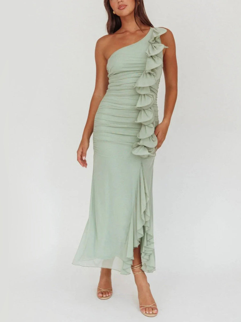 Light Green One Shoulder Ruffle Midi Dress