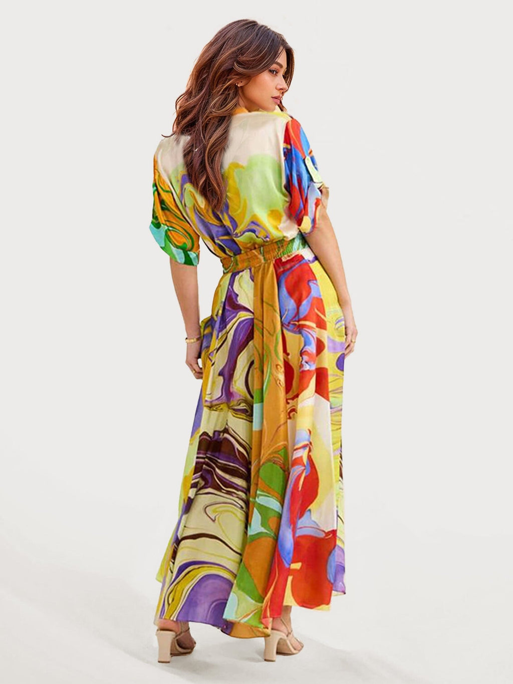 Set Gaun Bercetak Abstrak Berwarna-warni