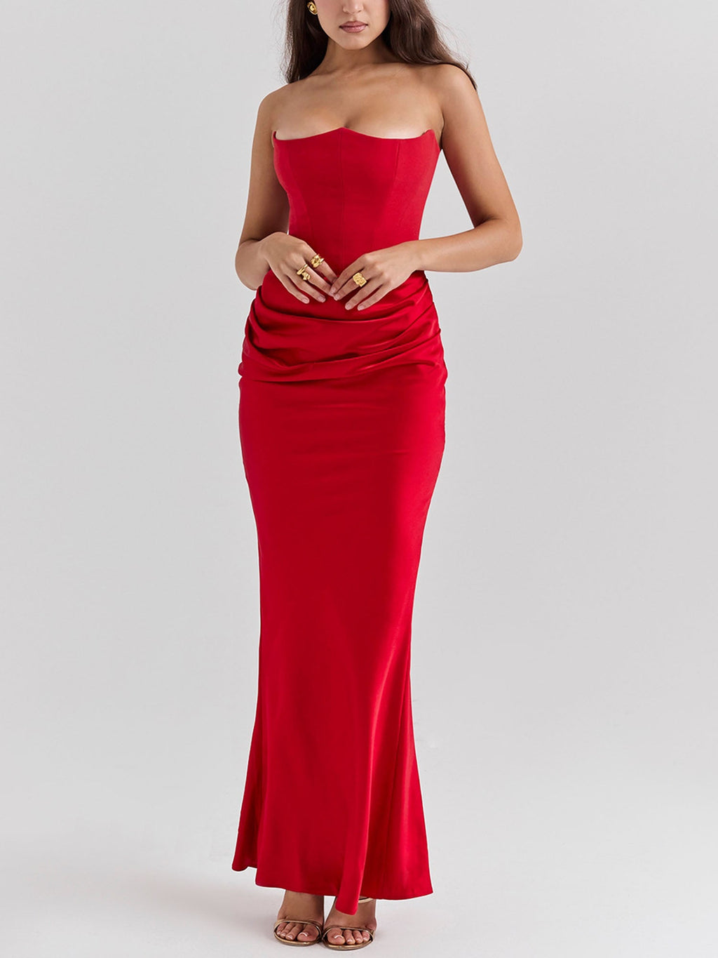Gaun Maxi Bodycon Bertali Tanpa Tali Merah