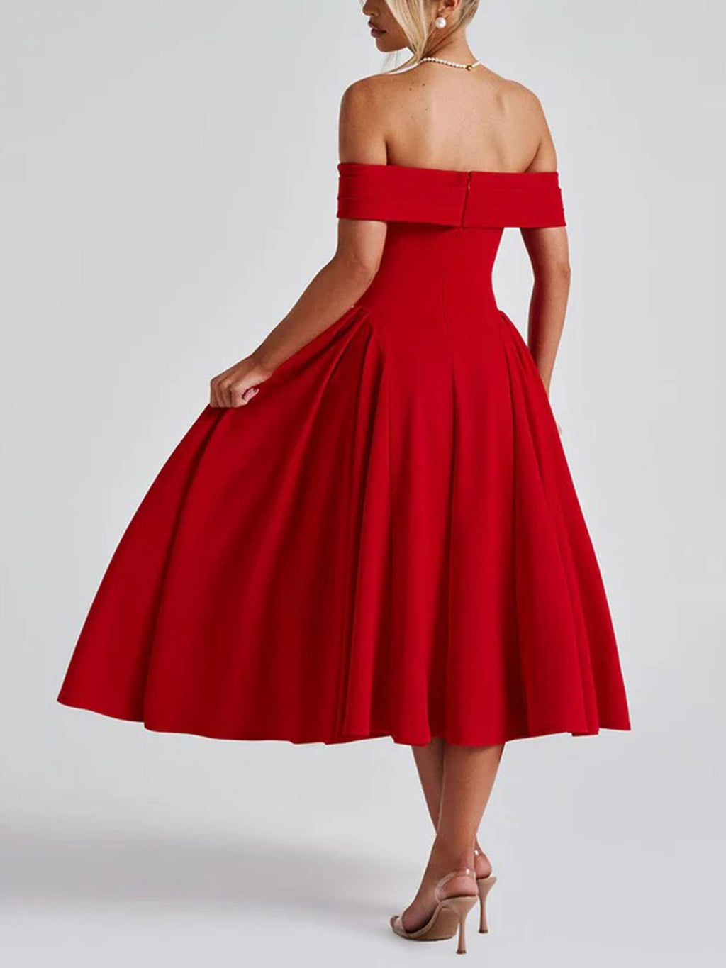 Red Off-Shoulder Vintage-Inspired Midi Dress