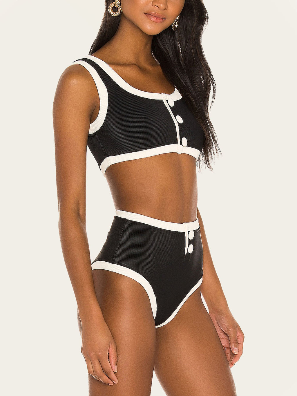 Black and White Two-Piece Bikini with Buttons