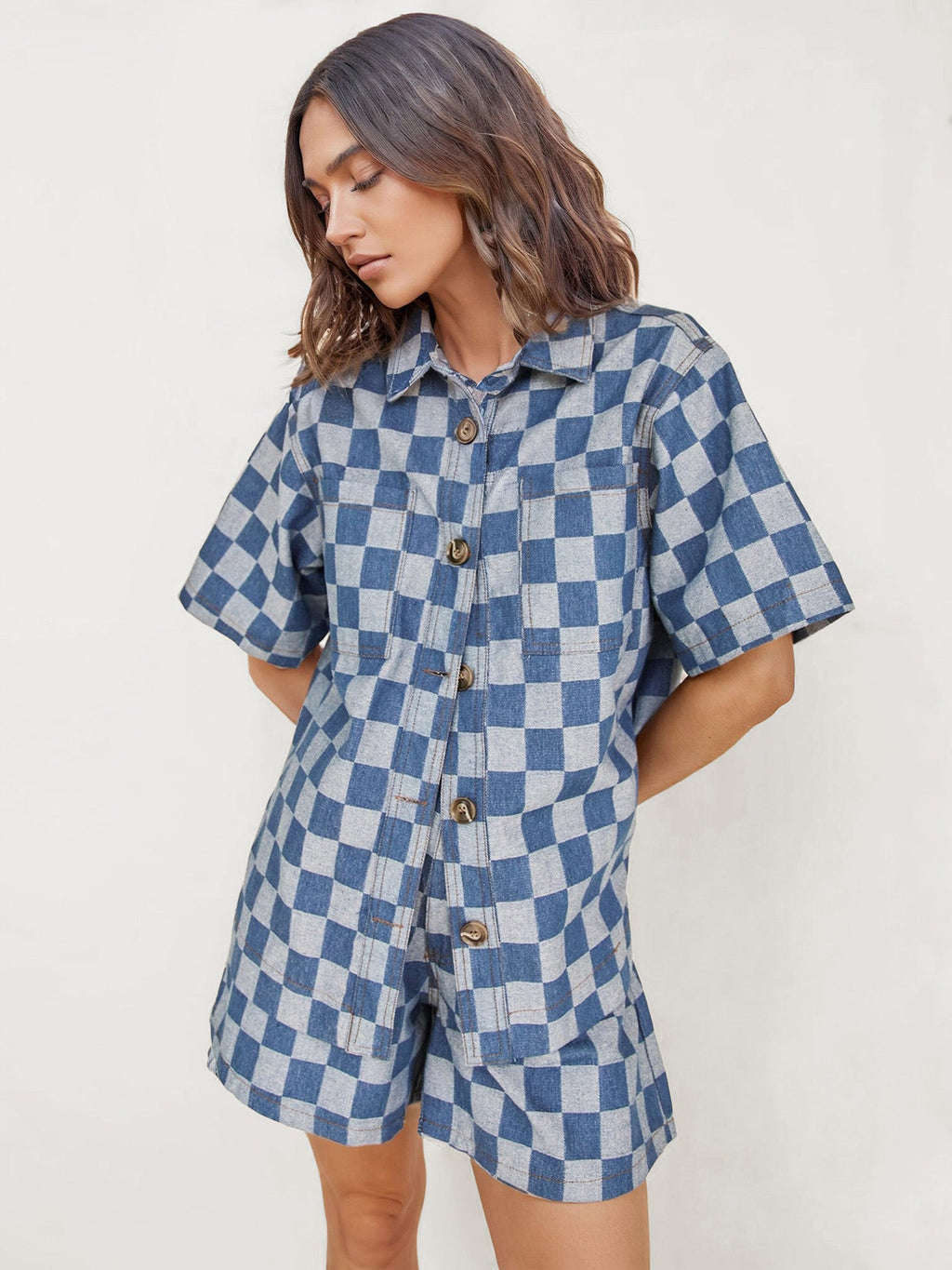 Set Pantai Denim Checkerboard Breeze