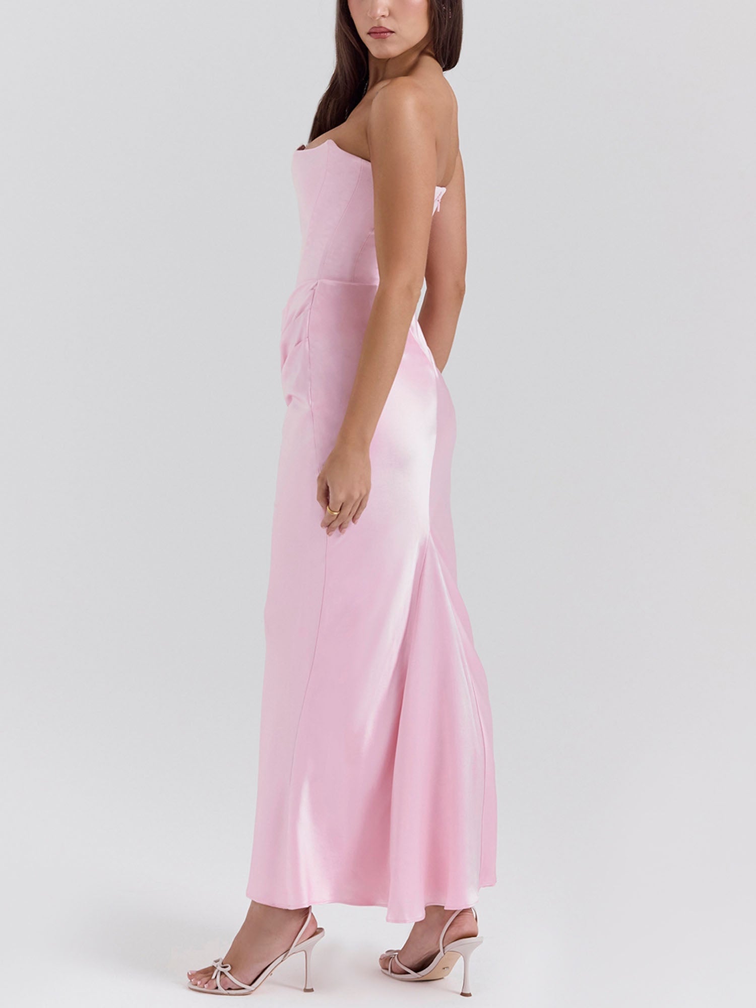 Pink Strapless Draped Bodycon Maxi Dress