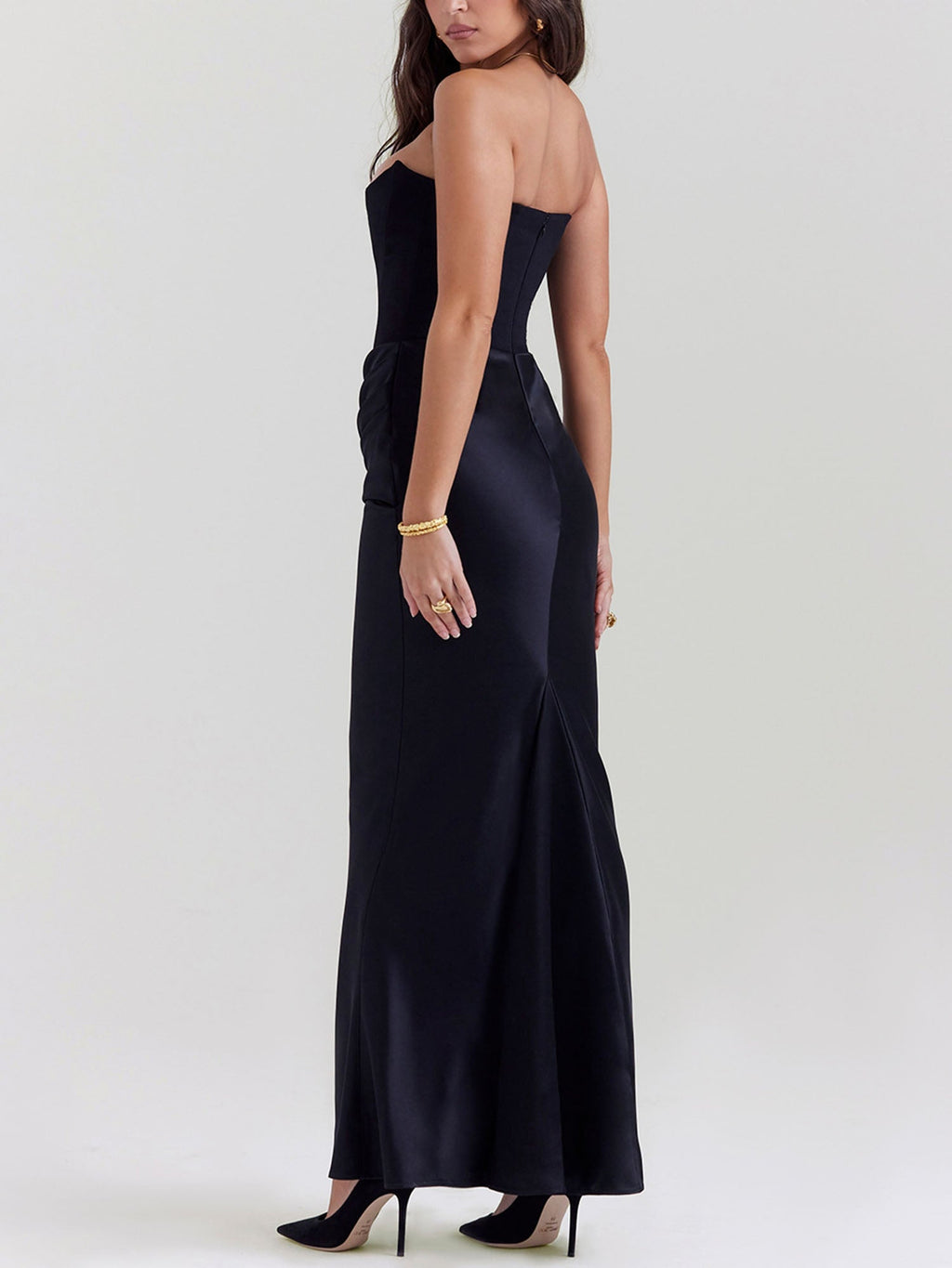 Black Strapless Draped Bodycon Maxi Dress