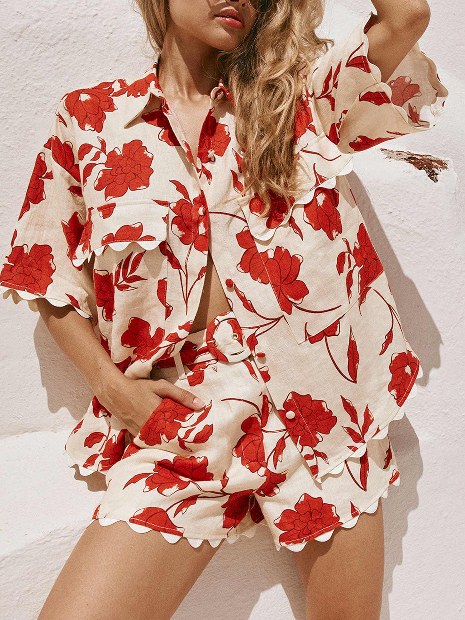 Scarlet Bloom Linen Two-Piece Set