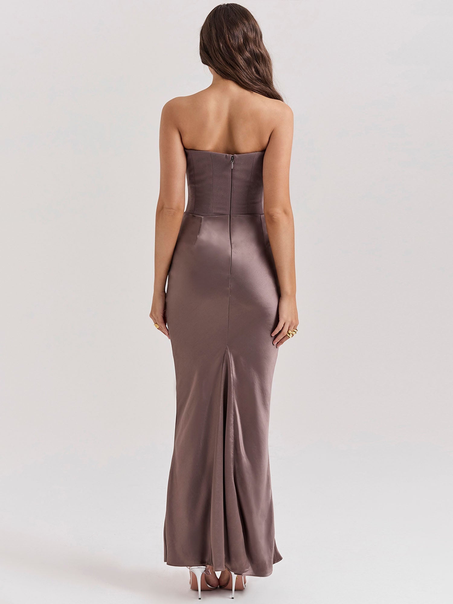 Brown Strapless Draped Bodycon Maxi Dress