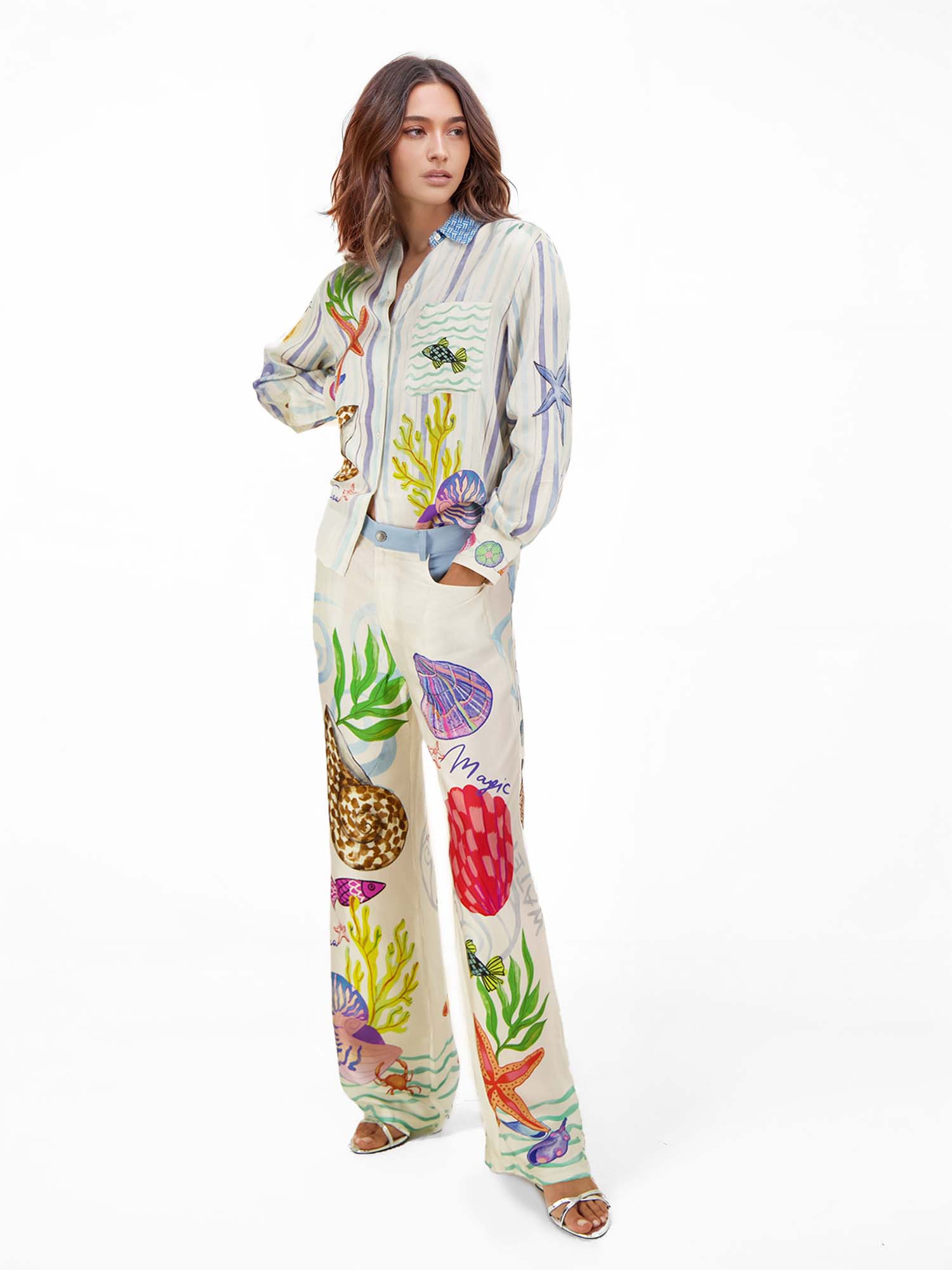 Seashell Print Belted Vacation Shirt