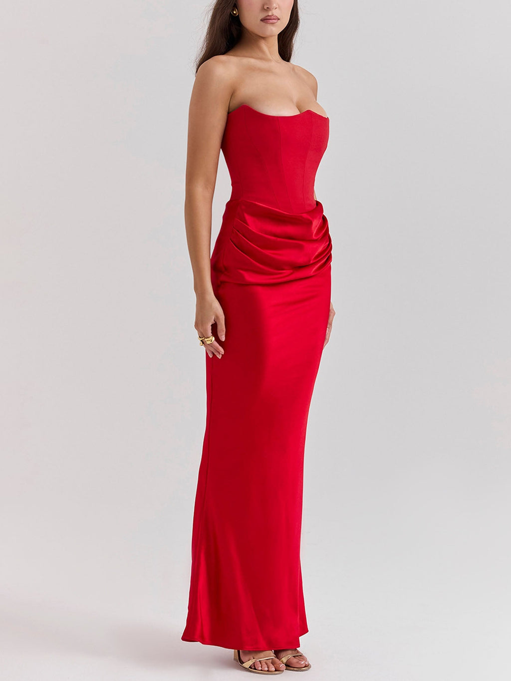 Gaun Maxi Bodycon Bertali Tanpa Tali Merah