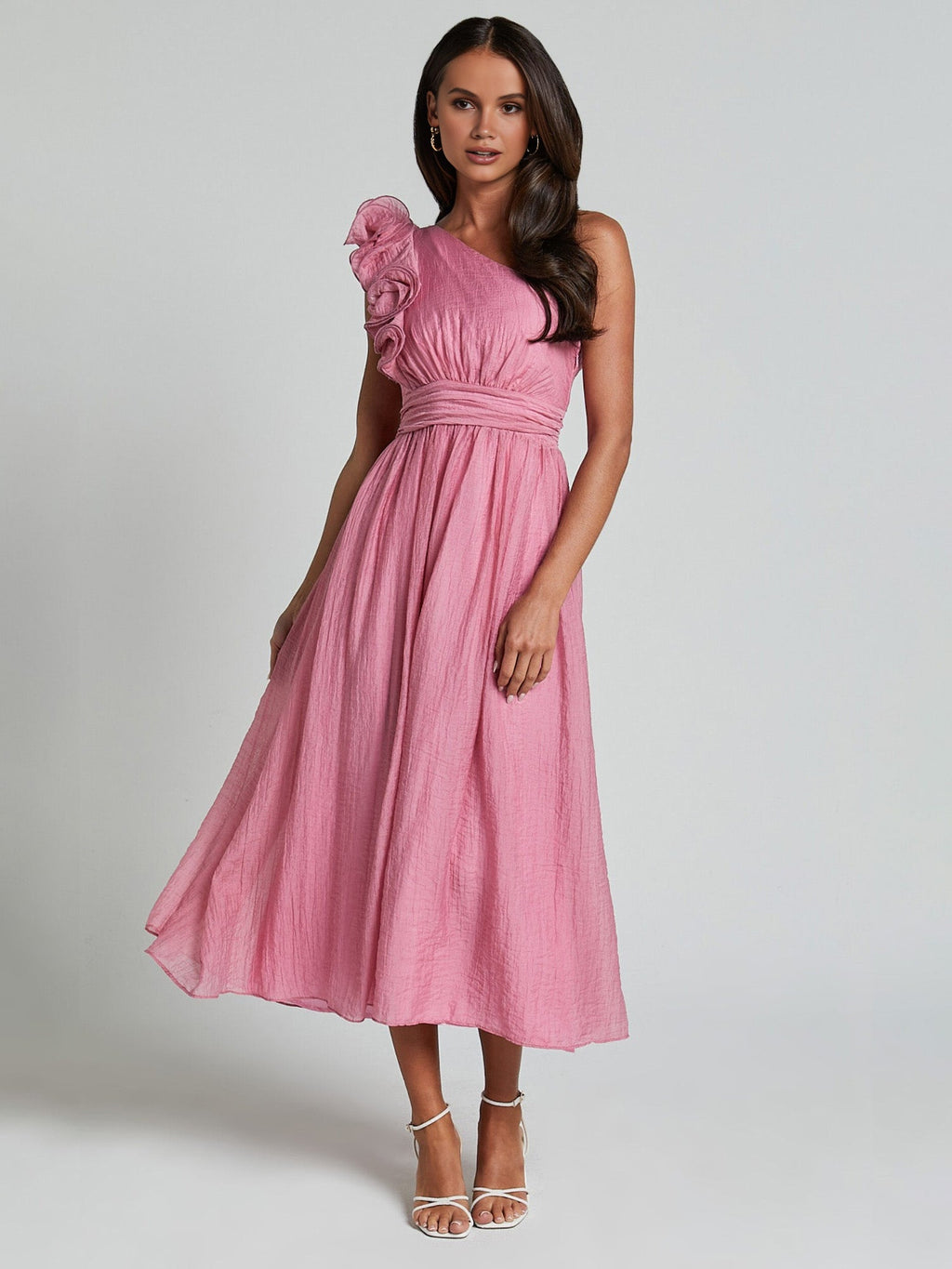 One-Shoulder Ruffle Accent Midi Dress