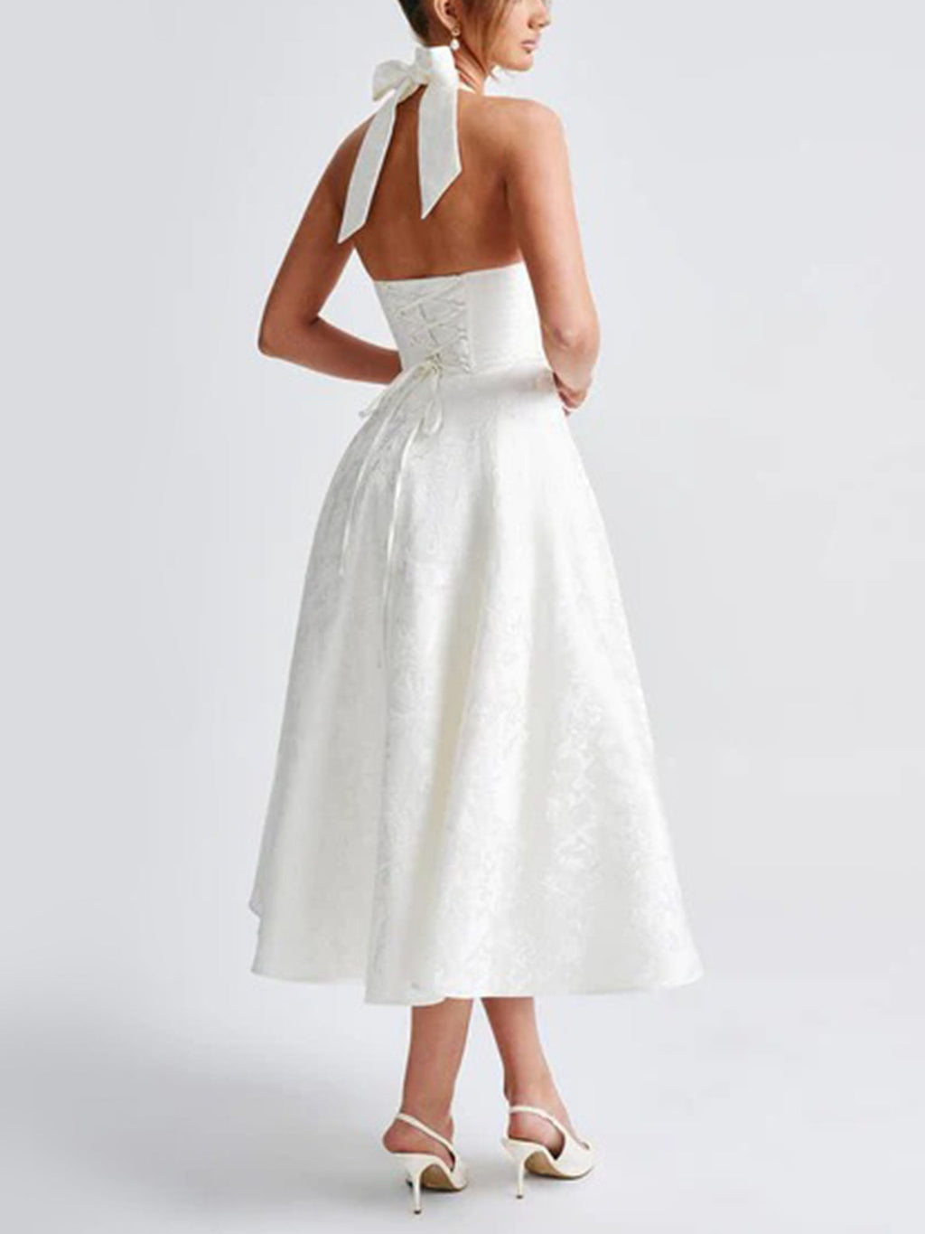 White Halter Flared Midi Dress