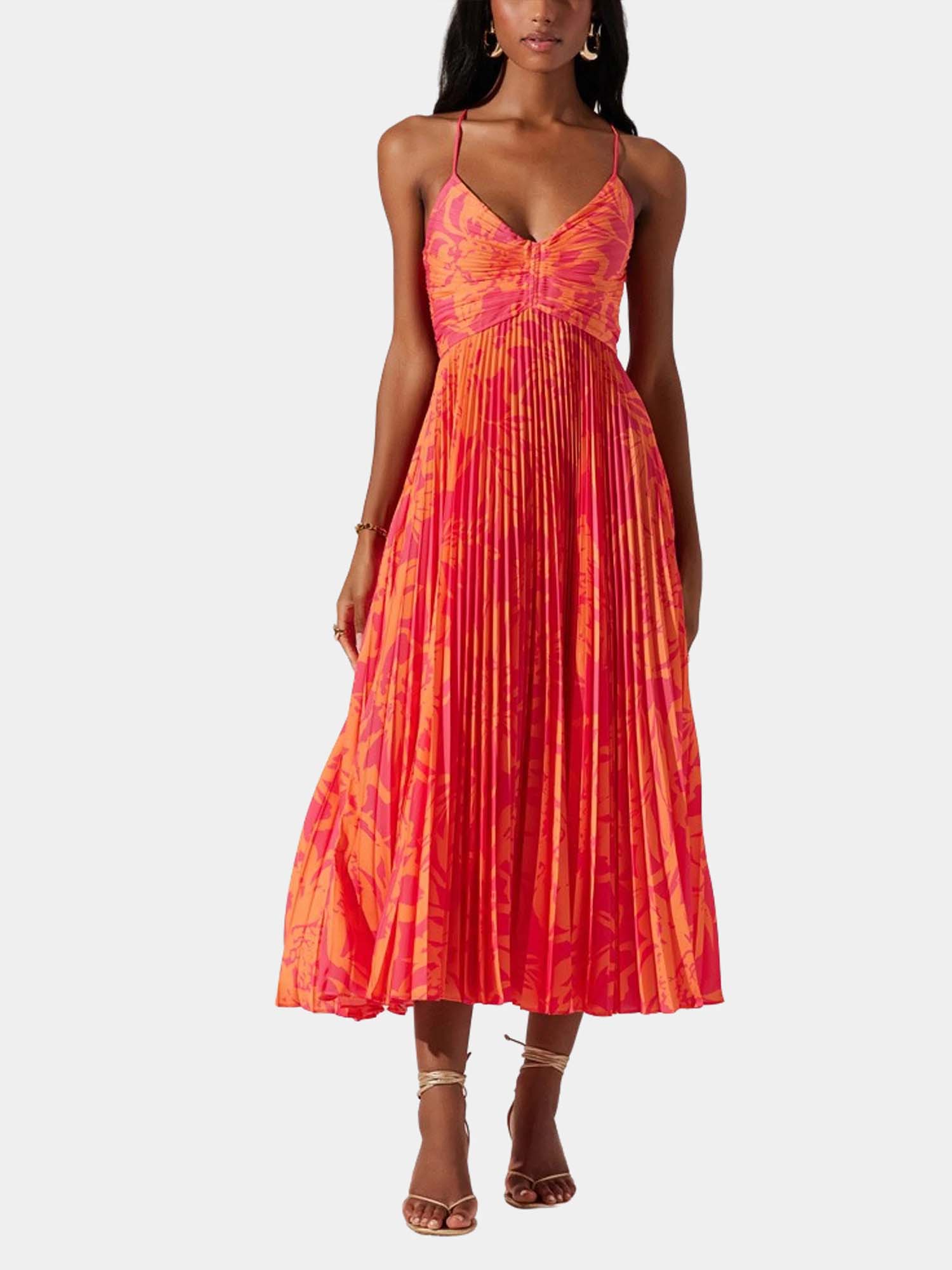Coral Glow Pleated Midi Dress