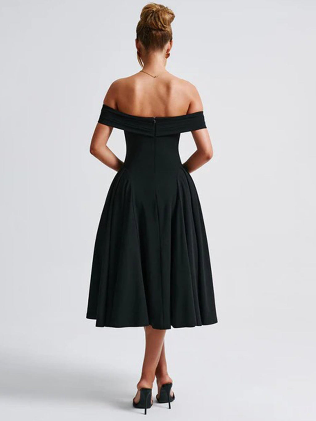 Black Off-Shoulder Vintage-Inspired Midi Dress