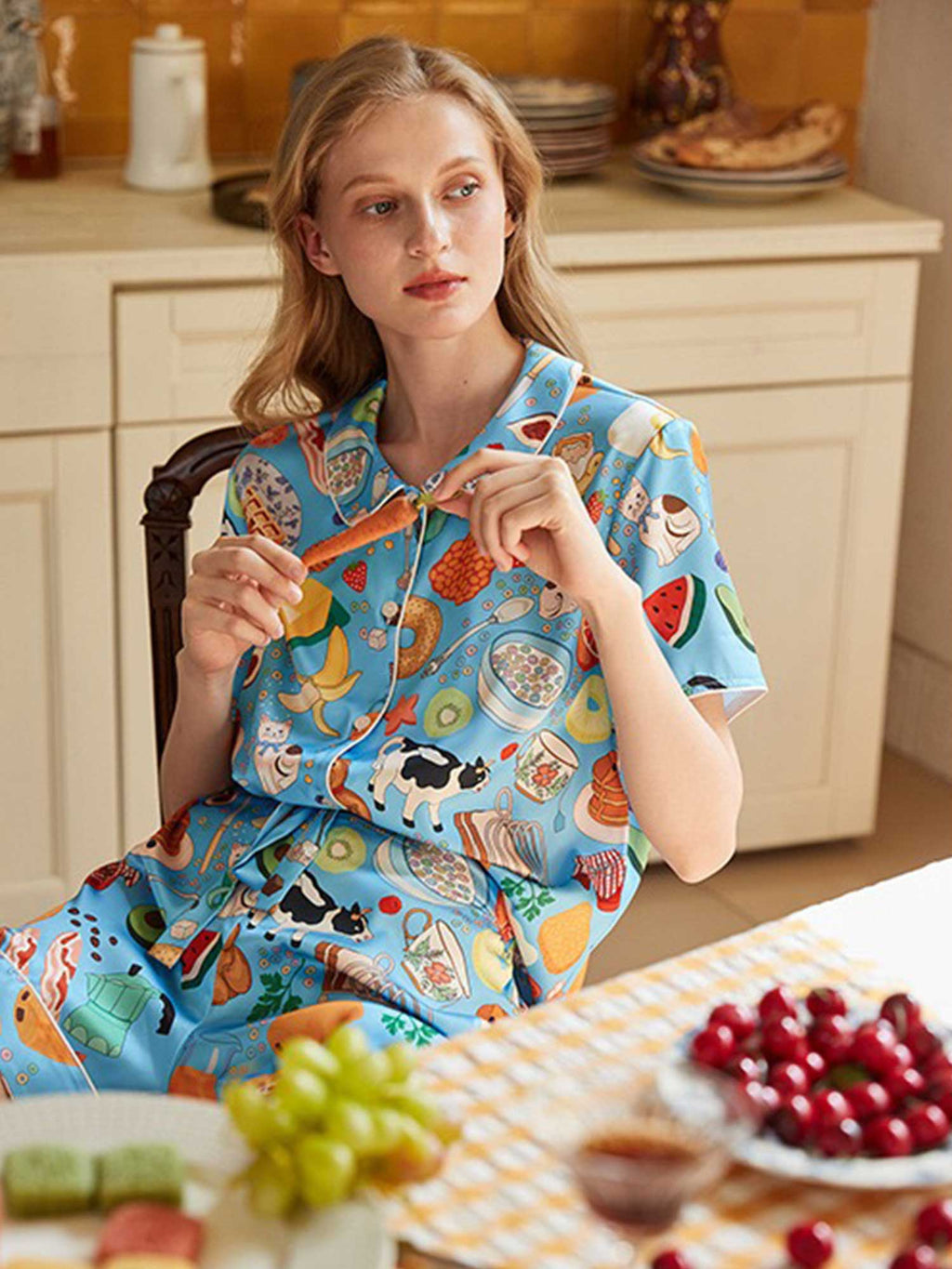 Cartoon Breakfast Print Pajama Set