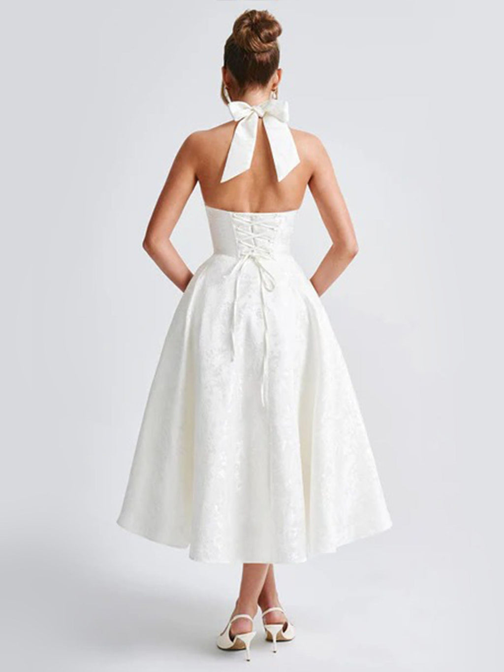 White Halter Flared Midi Dress
