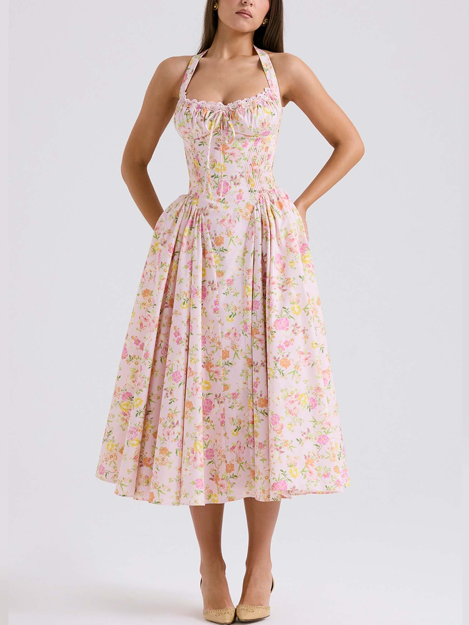 Romantic Floral Corset Midi Dress – Gretachic